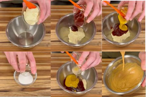 Step-by-step photos of combining and whisking mayonnaise, BBQ sauce, and yellow mustard