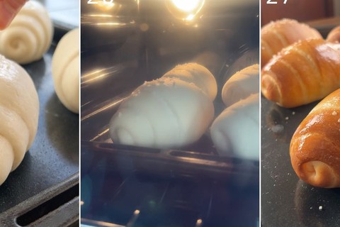 Baking salt bread rolls in the oven until golden brown