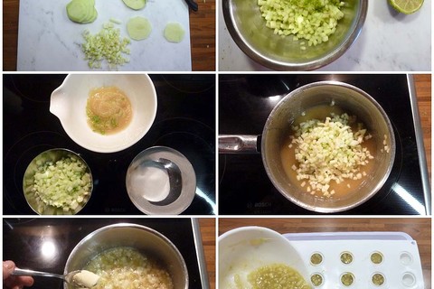 Diced granny smith apples cooking in a pan with kaffir lime and ginger