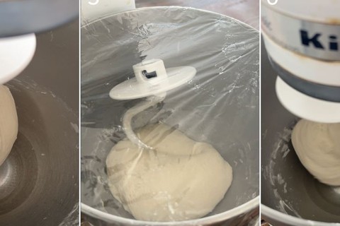 Kneading Japanese salt bread dough in a stand mixer