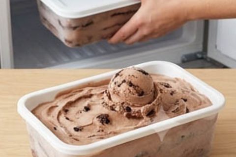Finished scoop of chocolate lava cake ice cream in a bowl
