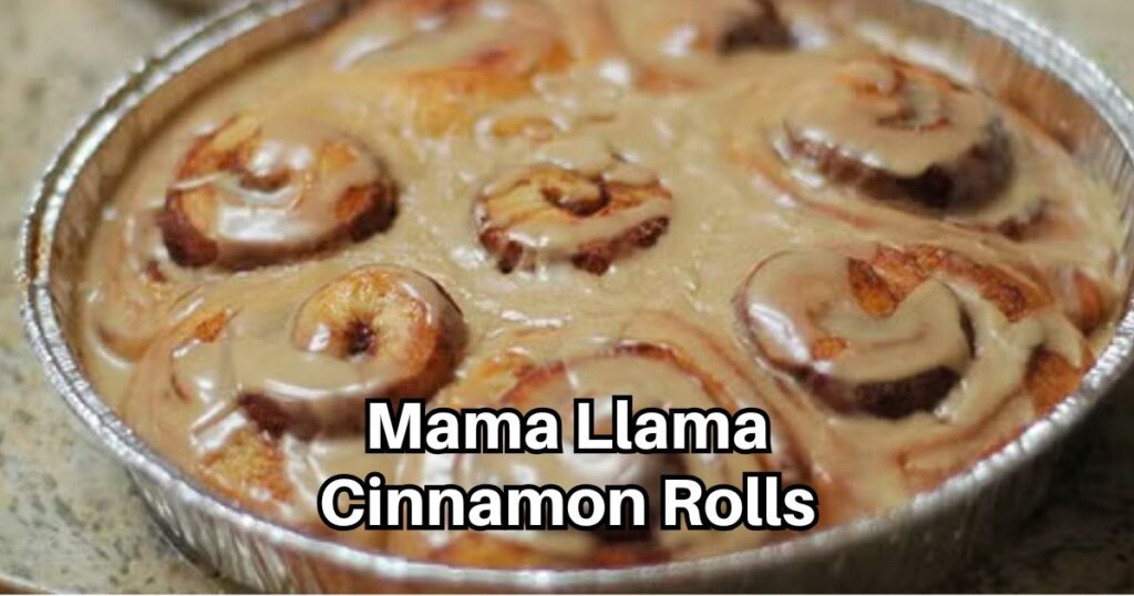 Massive homemade Mama Llama cinnamon rolls with thick coffee maple frosting in a baking pan