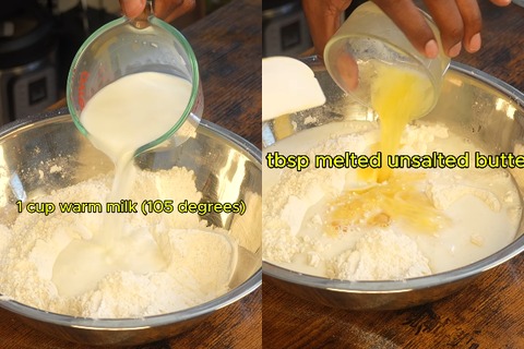 Pouring warm milk and melted butter into the mixing bowl for Texas Roadhouse roll dough