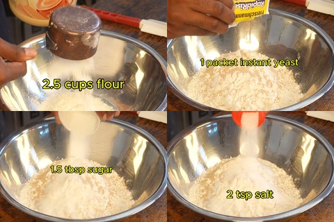Step-by-step preparation of dry ingredients for Texas Roadhouse rolls including flour, instant yeast, sugar, and salt