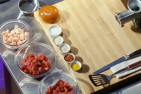 Ingredients and tools mise en place for Gordon Ramsay burger recipe